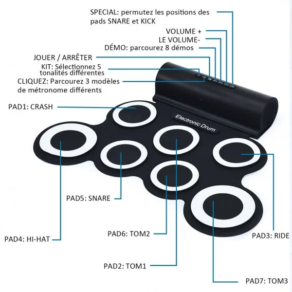 Batterie Electronique Portable à 7 Pads avec 2 Haut-Parleur Roll Up Tambour avec 2 Baguettes Sortie MIDI