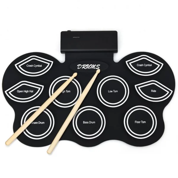 Batterie Électronique Led Portable pour Enfants Tambour 9 Pads en Silicone Bluetooth Accessoires 53x365x25cm Noir