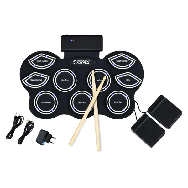Batterie Électronique Led Portable pour Enfants Tambour 9 Pads en Silicone Bluetooth Accessoires 53x365x25cm Noir