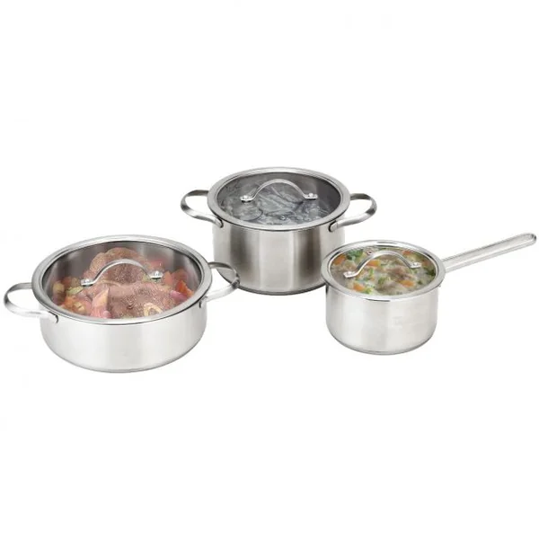 Batteries de Cuisine en Acier Inoxydable 3 Pièces 2 Marmites 1 Casserole avec 3 Couvercles en Verre Φ17,3/21/25CM