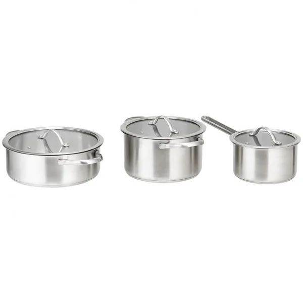 Batteries de Cuisine en Acier Inoxydable 3 Pièces 2 Marmites 1 Casserole avec 3 Couvercles en Verre Φ17,3/21/25CM