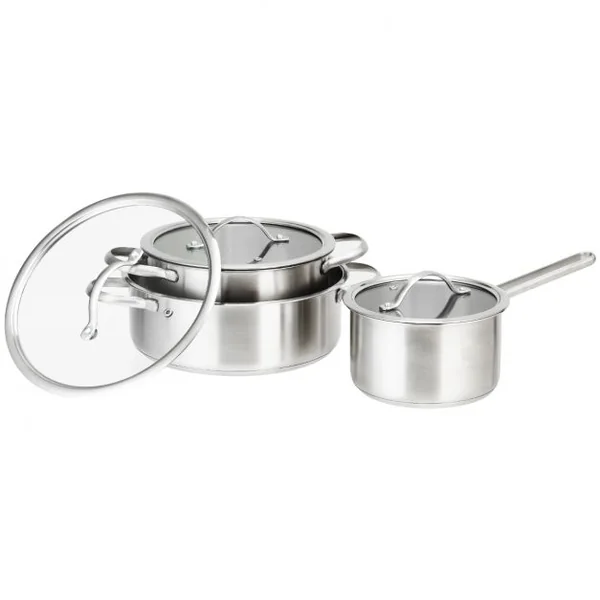 Batteries de Cuisine en Acier Inoxydable 3 Pièces 2 Marmites 1 Casserole avec 3 Couvercles en Verre Φ17,3/21/25CM