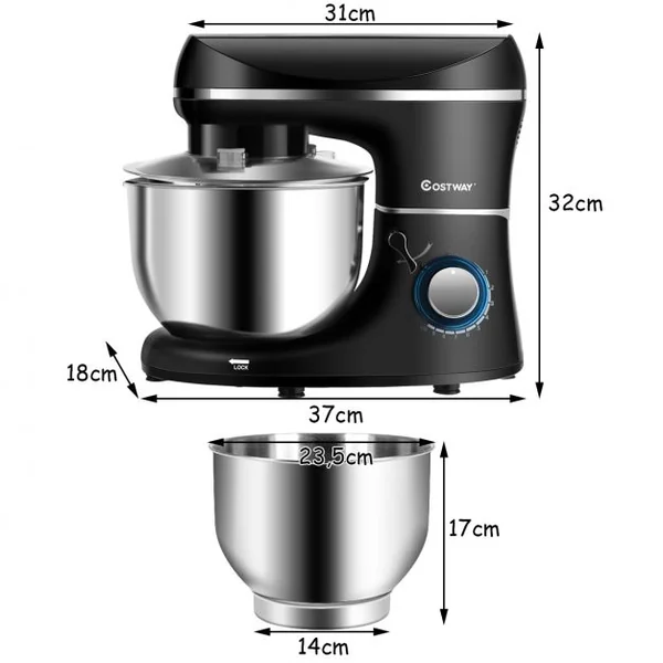 Batteur 1300W sur Socle 3 en 1 avec Bol mélangeur en Acier inoxydable 5,5L Accessoires Inclus 10 vitesses Noir