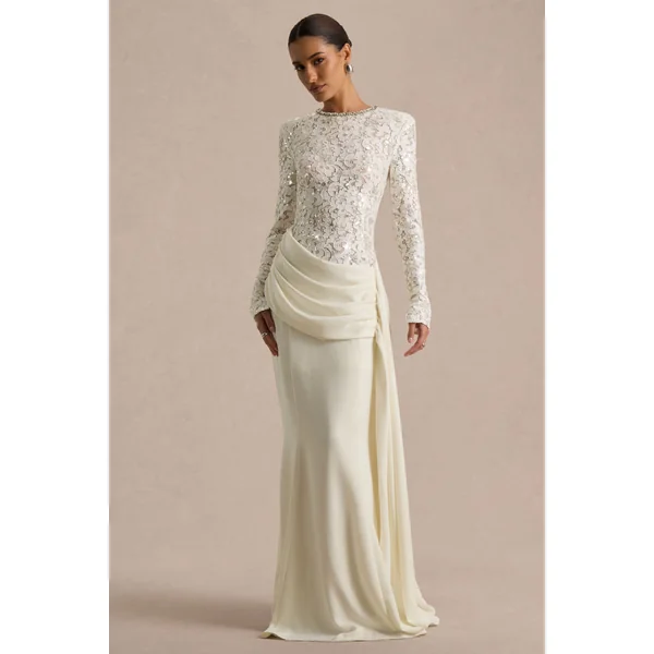 Beau | Robe longue en dentelle écrue à encolure ras-du-cou ornée avec détail drapé
