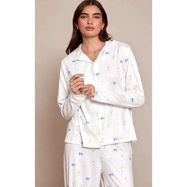 Beige Ensemble De Pyjama Imprimé À Manches Longues Avec Boutonnage