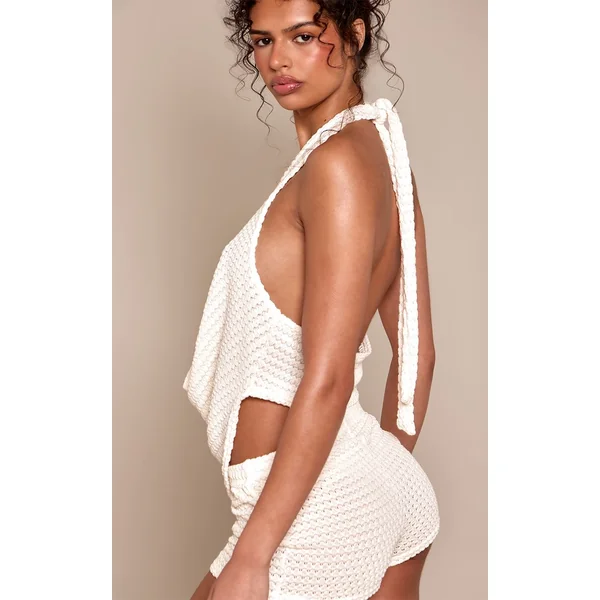 Beige Ensemble Haut Court Col Bénitier Texturé Crème Avec Dos Nu