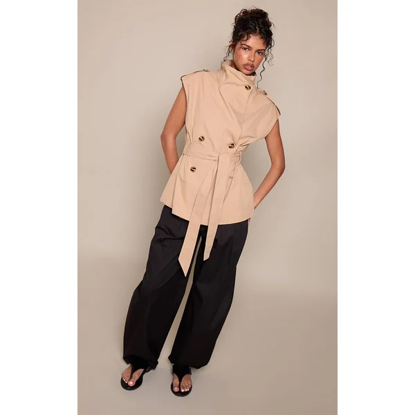 Beige Gilet Trench À Col Montant