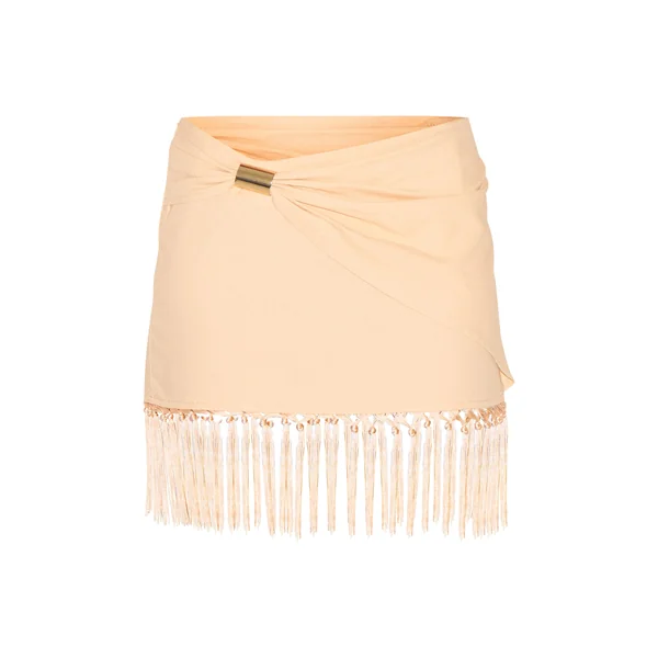 Beige Mini-jupe En Lin À Bordure Dorée Et Ourlet À Pompons