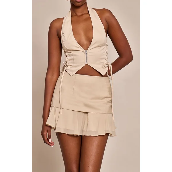 Beige Mini-jupe En Mousseline Tissée