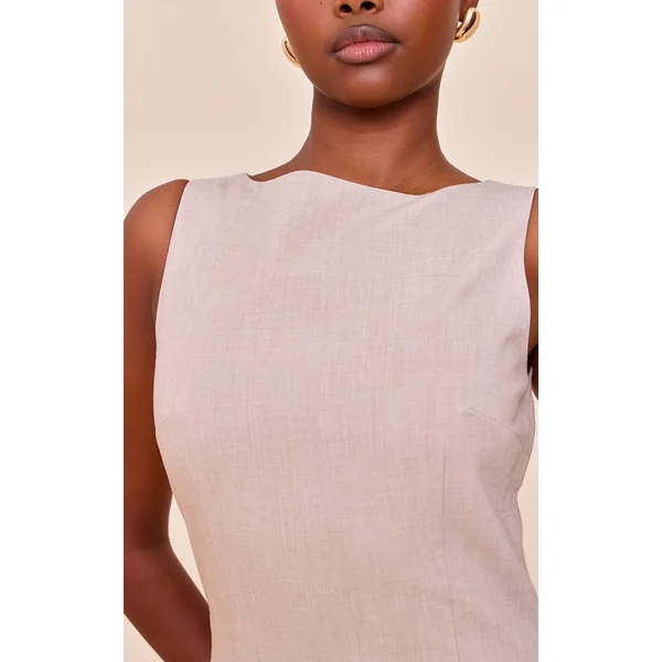 Beige Robe Courte Tissée À Encolure Oblique