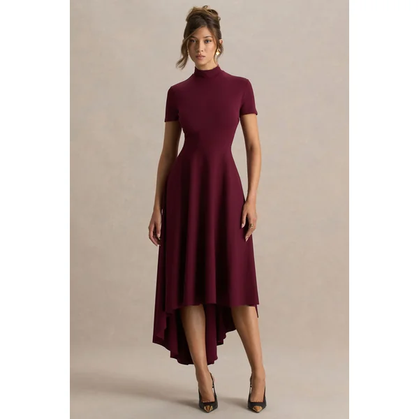Bellona | Robe mi-longue bordeaux à col montant et ourlet asymétrique
