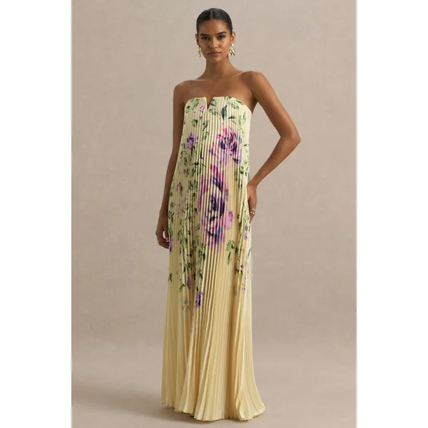 Bergamot | Robe Longue en Satin Jaune Citron à Imprimé Rose et Encolure Cœur