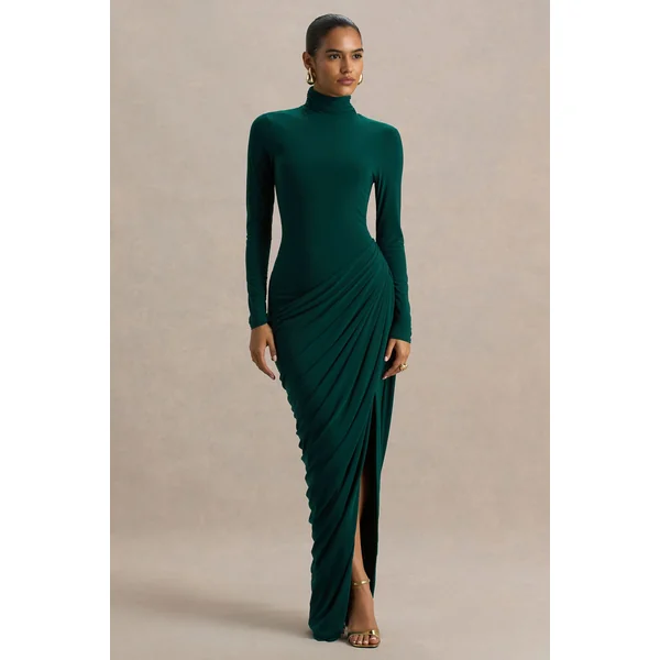 Betsy | Robe longue vert bouteille à col montant avec fente avant et détails drapés