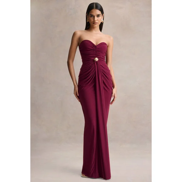 Beverly | Robe longue bandeau bordeaux avec détails froncés
