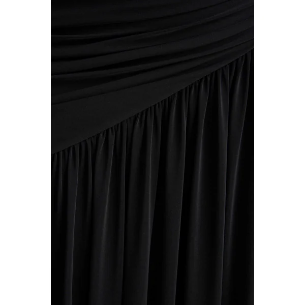 Bexley | Robe longue noire drapée à encolure bardot avec manches longues en mesh