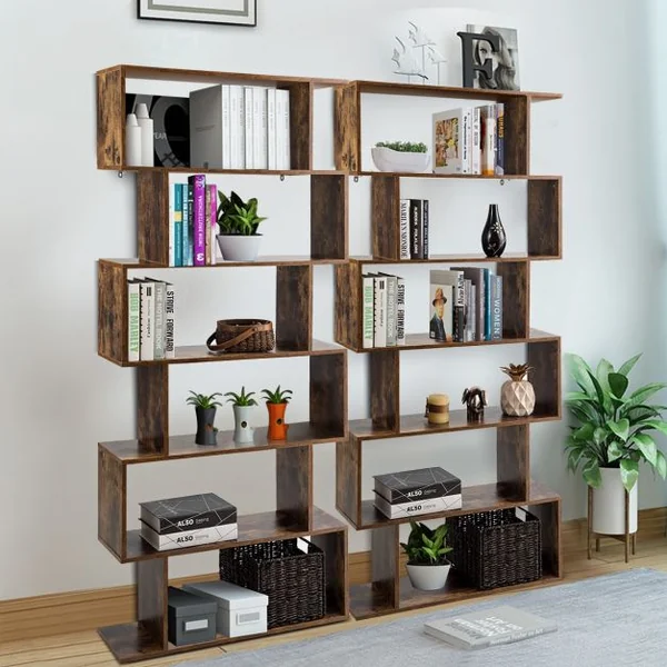 Bibliothèque Asymétrique à 6 Niveaux Étagère de Rangement Style Industriel et Vintage en Mdf 80x23x192cm Marron
