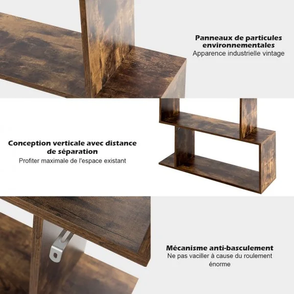 Bibliothèque Asymétrique à 6 Niveaux Étagère de Rangement Style Industriel et Vintage en Mdf 80x23x192cm Marron