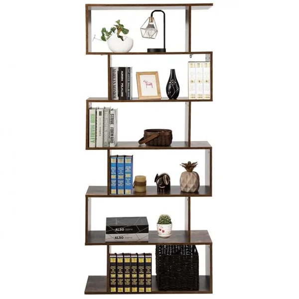 Bibliothèque Asymétrique à 6 Niveaux Étagère de Rangement Style Industriel et Vintage en Mdf 80x23x192cm Marron