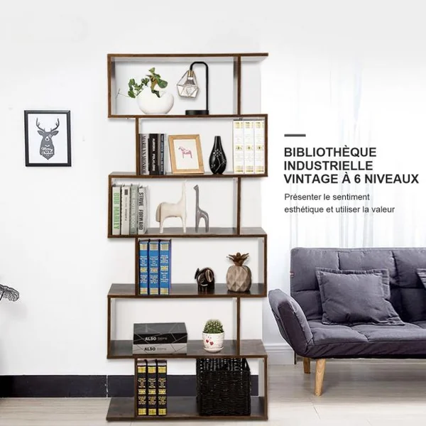 Bibliothèque Asymétrique à 6 Niveaux Étagère de Rangement Style Industriel et Vintage en Mdf 80x23x192cm Marron