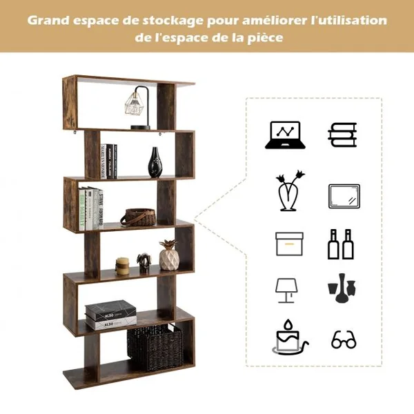 Bibliothèque Asymétrique à 6 Niveaux Étagère de Rangement Style Industriel et Vintage en Mdf 80x23x192cm Marron