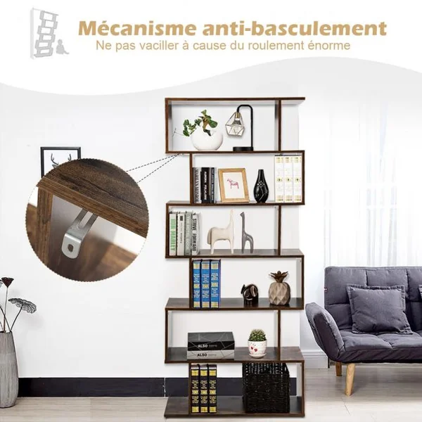 Bibliothèque Asymétrique à 6 Niveaux Étagère de Rangement Style Industriel et Vintage en Mdf 80x23x192cm Marron