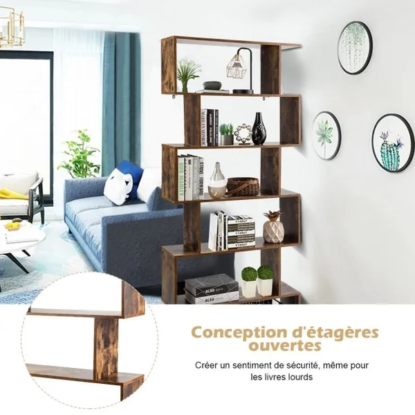 Bibliothèque Asymétrique à 6 Niveaux Étagère de Rangement Style Industriel et Vintage en Mdf 80x23x192cm Marron