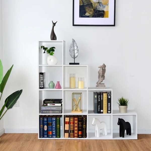 Bibliothèque Etagère Rangement Étagère de Livres en Forme Escalier 10 Compartiments pour Bureau Salon Chambre Blanc