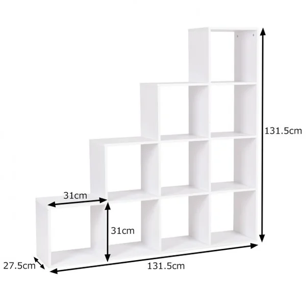 Bibliothèque Etagère Rangement Étagère de Livres en Forme Escalier 10 Compartiments pour Bureau Salon Chambre Blanc