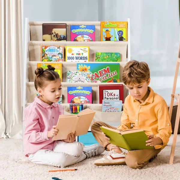 Bibliothèque pour Enfant Étagère de Rangement avec 4 Etagères à Bandoulière et 2 Boîtes pour Jouets Beige