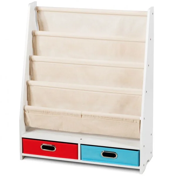 Bibliothèque pour Enfant Étagère de Rangement avec 4 Etagères à Bandoulière et 2 Boîtes pour Jouets Beige