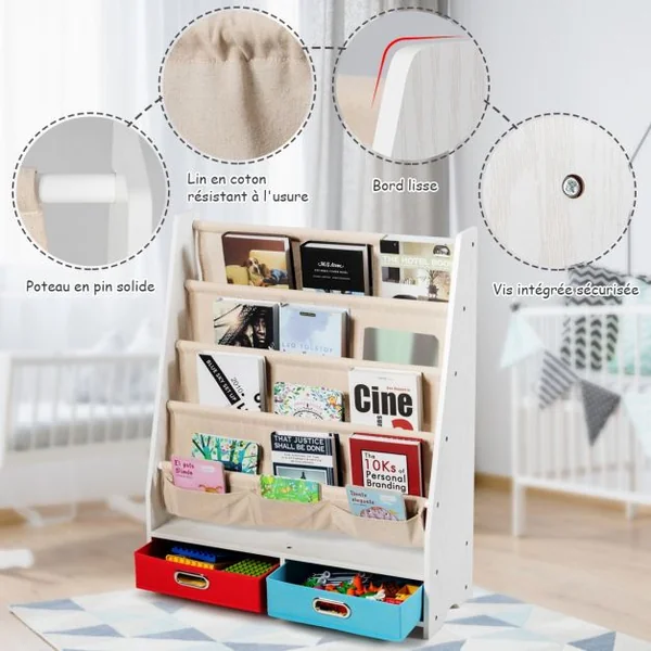 Bibliothèque pour Enfant Étagère de Rangement avec 4 Etagères à Bandoulière et 2 Boîtes pour Jouets Beige