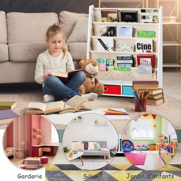 Bibliothèque pour Enfant Étagère de Rangement avec 4 Etagères à Bandoulière et 2 Boîtes pour Jouets Beige
