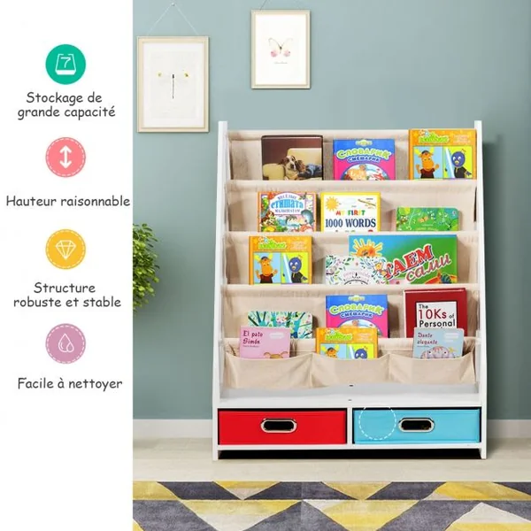 Bibliothèque pour Enfant Étagère de Rangement avec 4 Etagères à Bandoulière et 2 Boîtes pour Jouets Beige