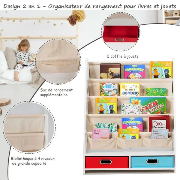 Bibliothèque pour Enfant Étagère de Rangement avec 4 Etagères à Bandoulière et 2 Boîtes pour Jouets Beige