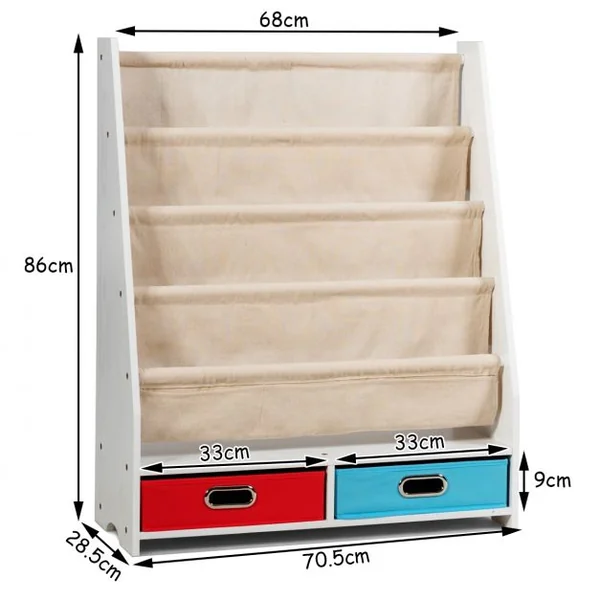 Bibliothèque pour Enfant Étagère de Rangement avec 4 Etagères à Bandoulière et 2 Boîtes pour Jouets Beige