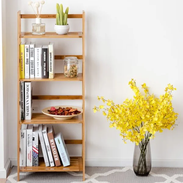 Bibliothèque à 4 Étagères pour Rangement Étagère à Chaussures en Échelle Capacité 80kg en Bambou 48x31x120cm Naturel
