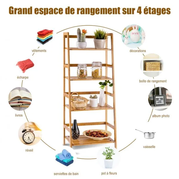 Bibliothèque à 4 Étagères pour Rangement Étagère à Chaussures en Échelle Capacité 80kg en Bambou 48x31x120cm Naturel