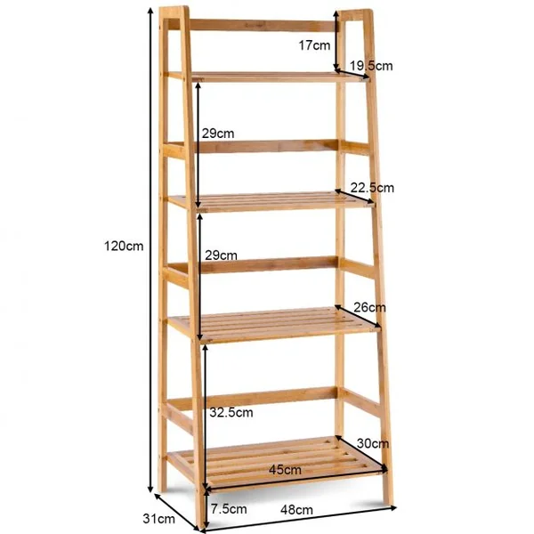 Bibliothèque à 4 Étagères pour Rangement Étagère à Chaussures en Échelle Capacité 80kg en Bambou 48x31x120cm Naturel