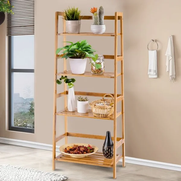 Bibliothèque à 4 Étagères pour Rangement Étagère à Chaussures en Échelle Capacité 80kg en Bambou 48x31x120cm Naturel