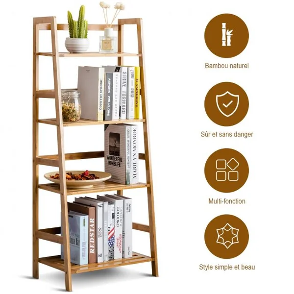 Bibliothèque à 4 Étagères pour Rangement Étagère à Chaussures en Échelle Capacité 80kg en Bambou 48x31x120cm Naturel