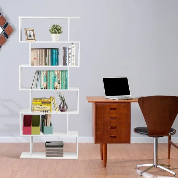Bibliothèque à 6 Niveaux Étagère de Rangement pour Livres Décorations Moderne en Forme de S, 80x23x192cm, Blanc