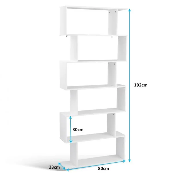 Bibliothèque à 6 Niveaux Étagère de Rangement pour Livres Décorations Moderne en Forme de S, 80x23x192cm, Blanc
