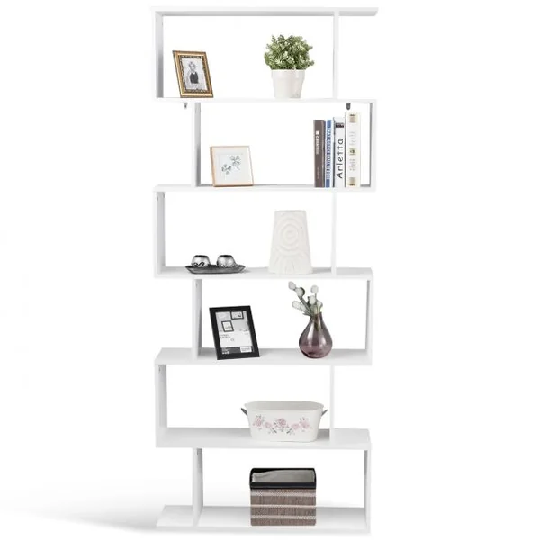 Bibliothèque à 6 Niveaux Étagère de Rangement pour Livres Décorations Moderne en Forme de S, 80x23x192cm, Blanc