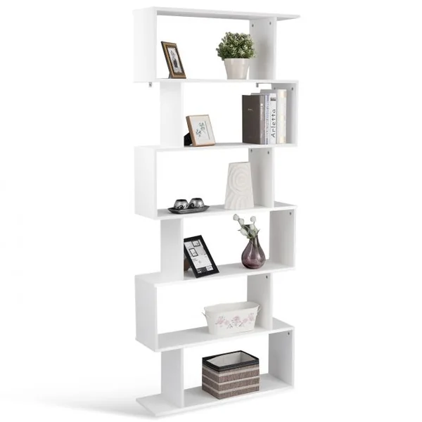 Bibliothèque à 6 Niveaux Étagère de Rangement pour Livres Décorations Moderne en Forme de S, 80x23x192cm, Blanc