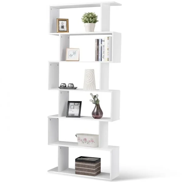 Bibliothèque à 6 Niveaux Étagère de Rangement pour Livres Décorations Moderne en Forme de S, 80x23x192cm, Blanc