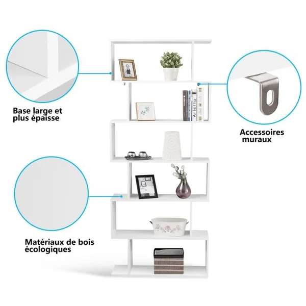 Bibliothèque à 6 Niveaux Étagère de Rangement pour Livres Décorations Moderne en Forme de S, 80x23x192cm, Blanc