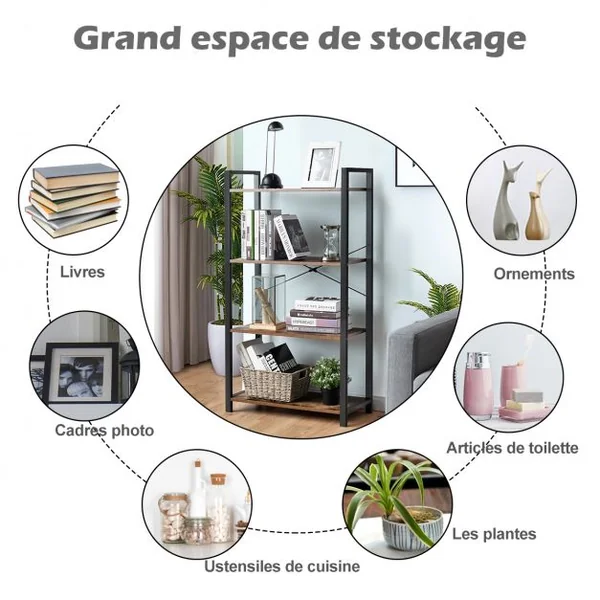 Bibliothèque Étagère de Rangement à 4 Niveaux 66x30x120cm Marron Rustique