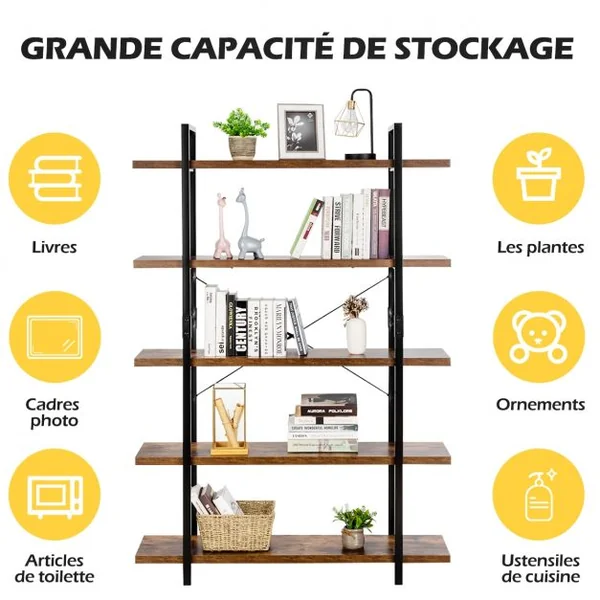 Bibliothèque Étagère de Rangement à 5 Niveaux 120 x 28 x 178 cm Marron Rustique