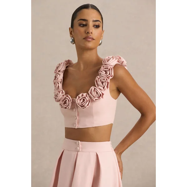 Blade | Top court rose poudré à encolure ronde avec détails floraux