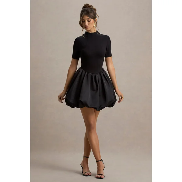 Blake | Mini-robe noire à manches courtes et jupe bouffante en satin